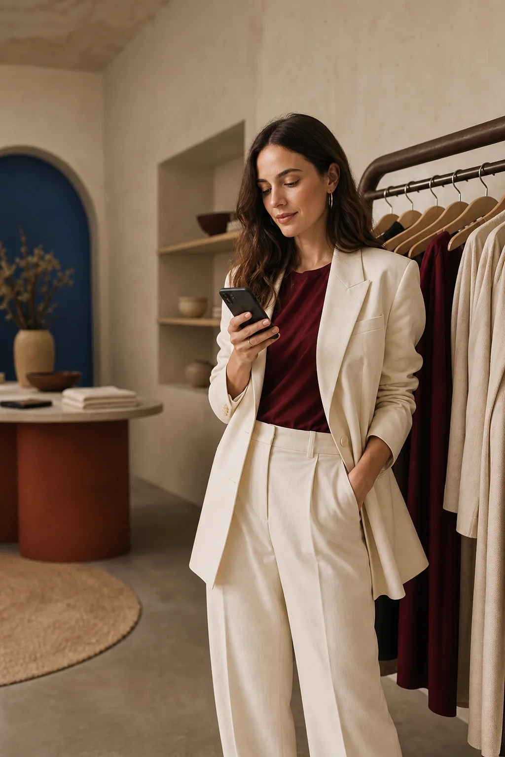 Butik mağazasında telefonundan reklam sonuçlarını inceleyen marka sahibi
